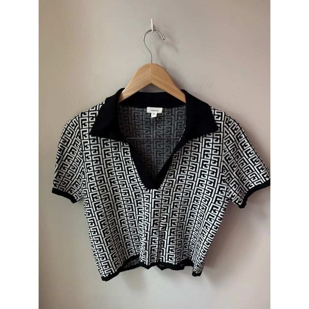 Debut Black White Geometric Polo Sweater Top Large